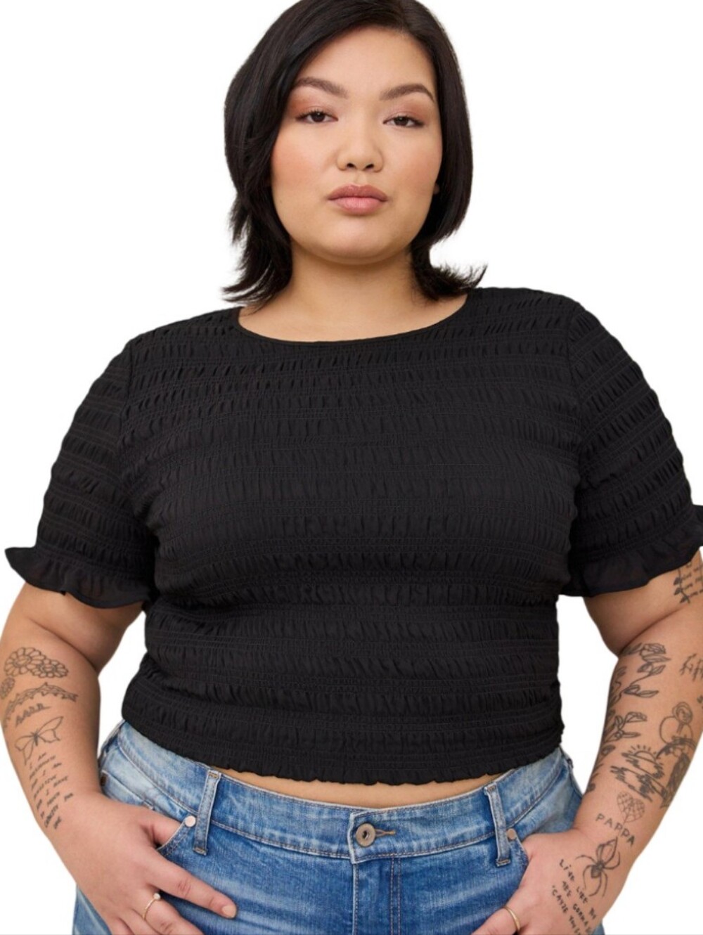 Torrid | Black Smocked Short Sleeve Top | Casual | Chic | Classic | Bohemian